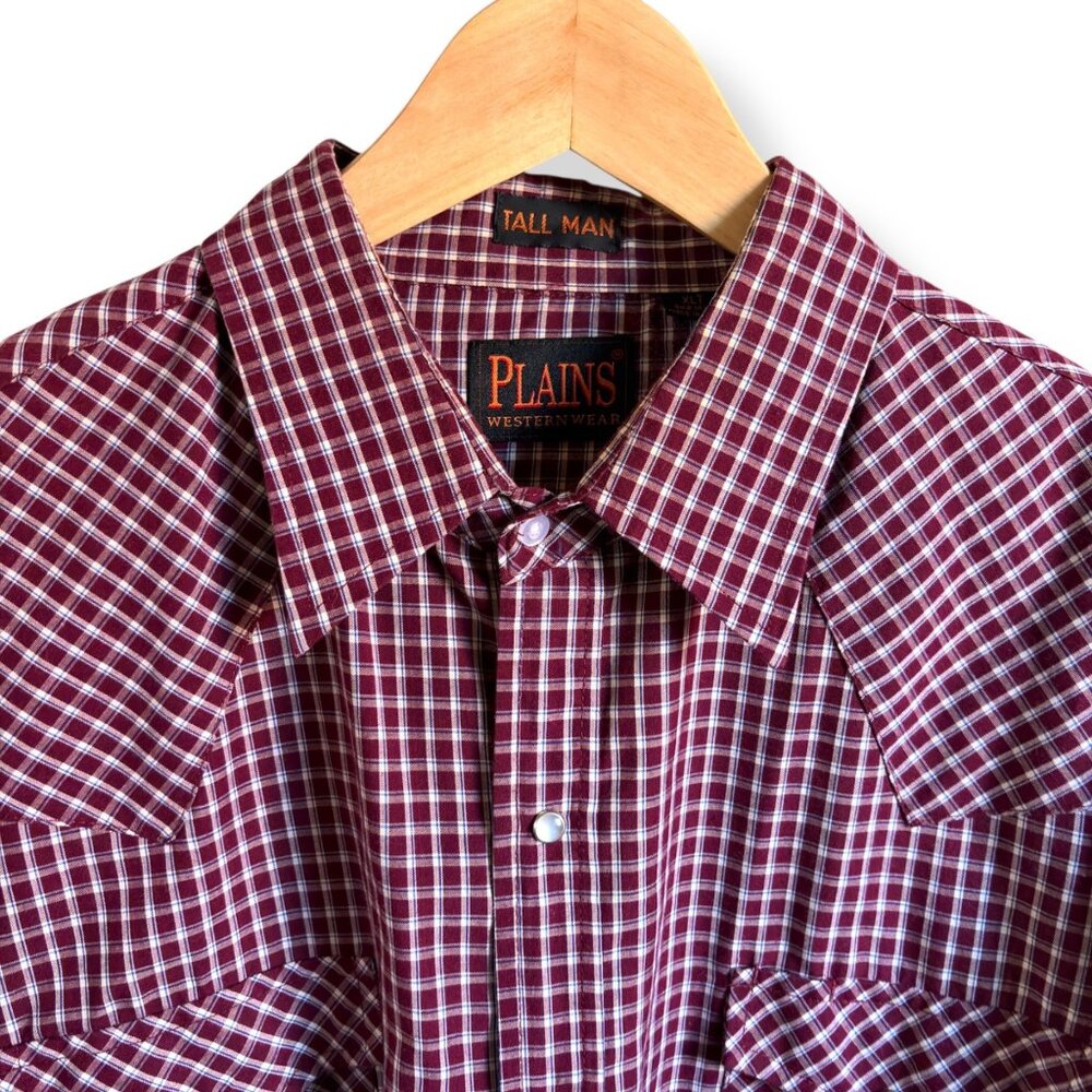 Plains Western Wear Mens Tall‎ XLT Burgundy Plaid Pearl Snap Western Shirt Retro